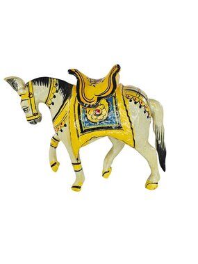 Hand Painted Decorative Horse Figurine Yellow Saddle Folk Art Style Collectible